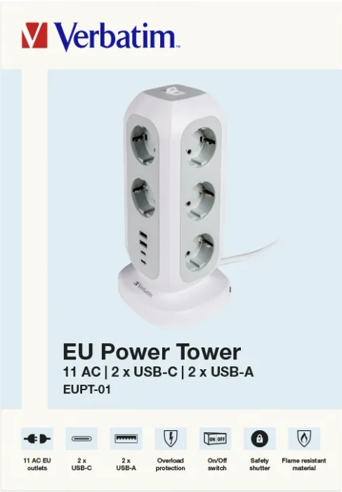 Verbatim EUPT-01 Steckdosenturm, 11-fach, 2x USB-C/2x USB-A, 2m, weiß
