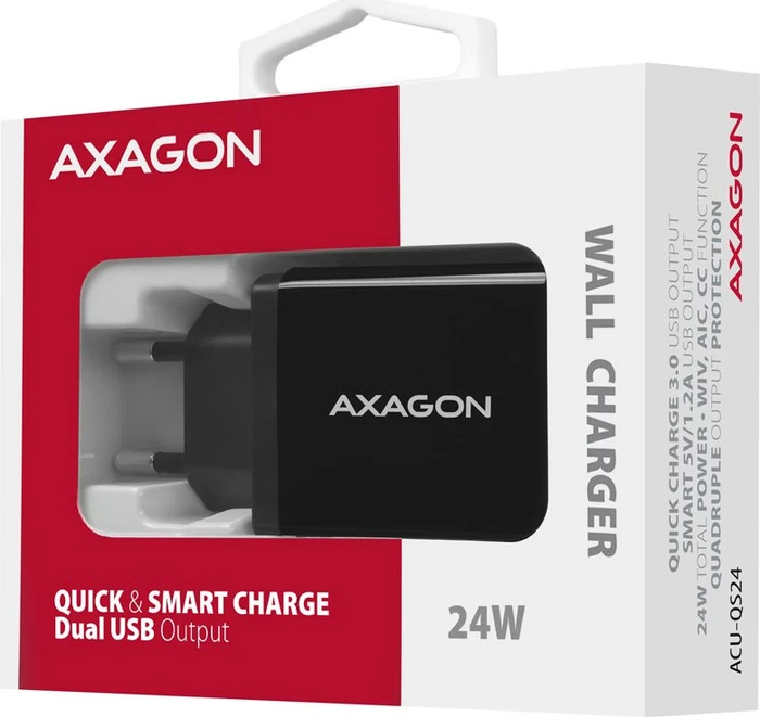 Axagon ACU-QS24 QC3.0 + 5V-1.2A Wall Charger schwarz