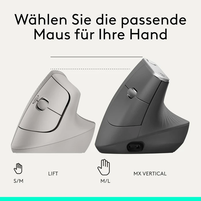 Logitech Lift Vertical Ergonomic Mouse, Sand, Logi Bolt, USB/Bluetooth