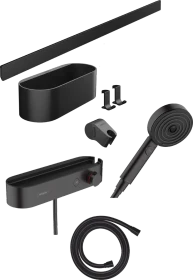 Hansgrohe WallStoris Bundle Handbrause 105 3jet Activation EcoSmart , Thermostat, Wandstange 70 cm und Accessoireset mattschwarz