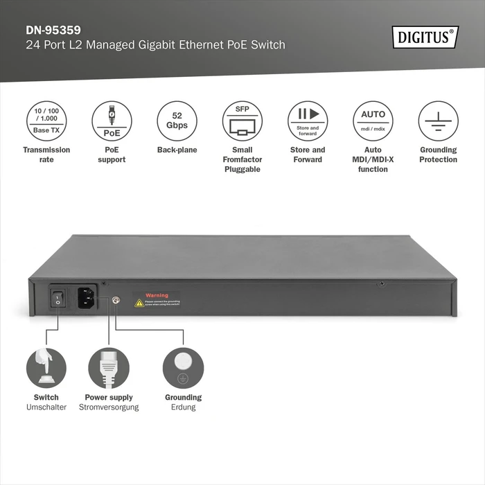 Digitus DN-953 Rackmount Gigabit Managed Switch, 24x RJ-45, 2x SFP, 430W PoE+
