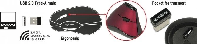 DeLOCK Kabellose ergonomische vertikal optische 5-Tasten Maus schwarz/rot, USB