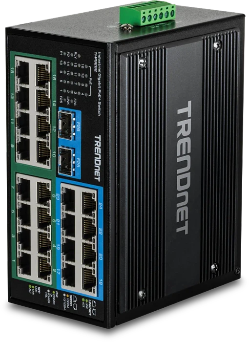TRENDnet TI Hardened Industrial Railmount Gigabit Switch, 24x RJ-45, 2x SFP, 480W PoE+