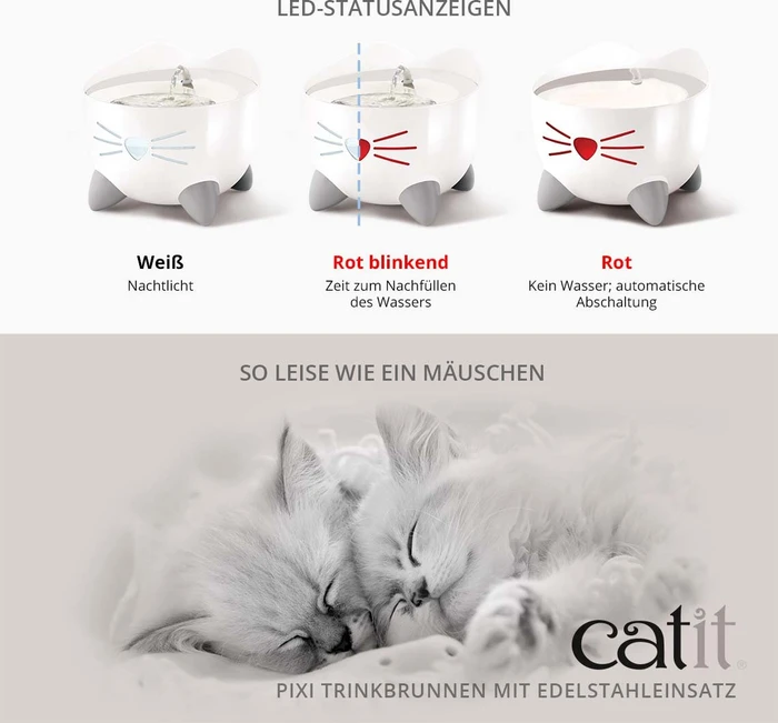 Catit PIXI Trinkbrunnen, LED-Statusanzeige, Trockenlaufschutz, Edelstahleinsatz, 2.5l, weiß