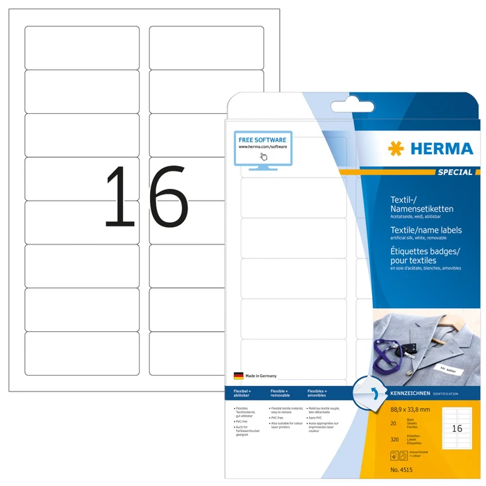 Herma Namensetiketten Acetatseide, 88.9x33.8mm, ablösbar, weiß, 20 Blatt (320 Etiketten)