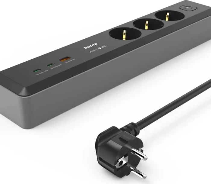 Hama Steckdosenleiste mit Schalter, 3-fach, 1x USB-A/2x USB-C 65W USB-PD, 1.4m, schwarz/grau