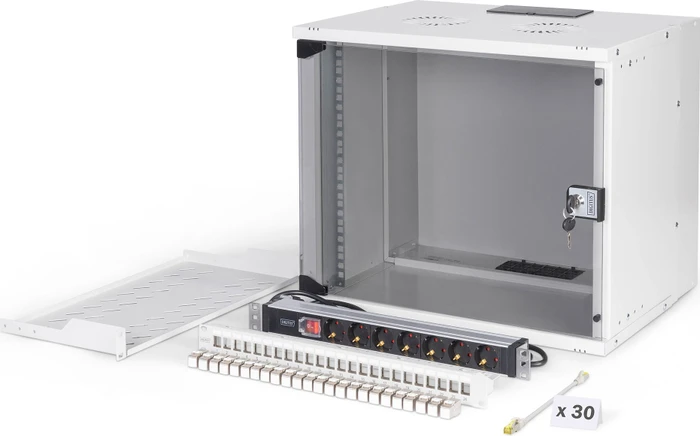 Digitus Professional SoHo Pro Line 19" Wandgehäuse SET 9HE, unmontiert, Sicherheitsglastür, IP20, RAL 7035, 400mm tief