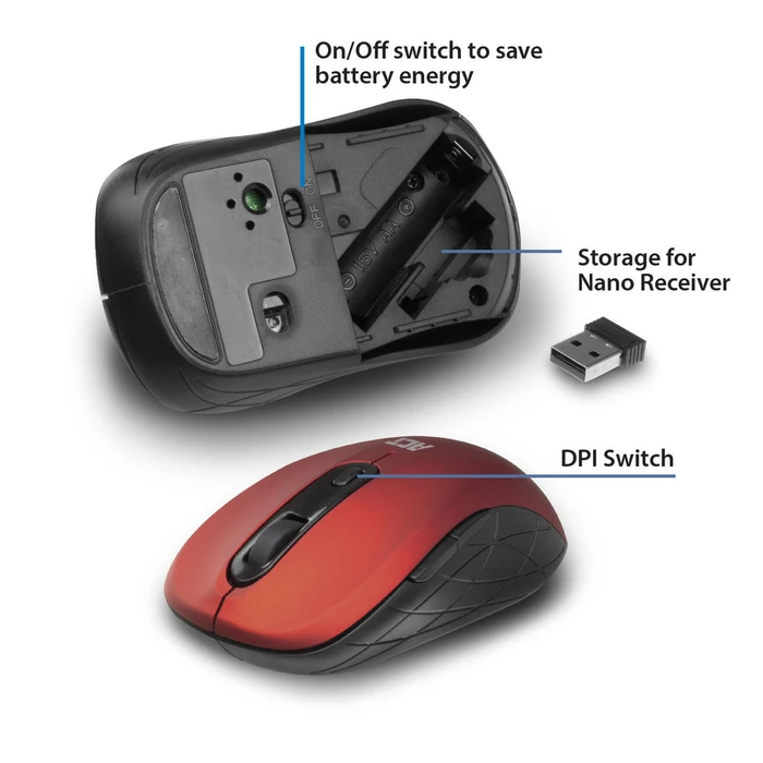 Act Wireless Mouse 1600dpi rot, USB