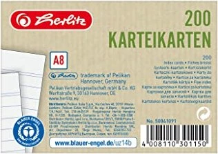 Herlitz Karteikarten, A8, liniert, weiß, 200 Blatt, 200er-Pack