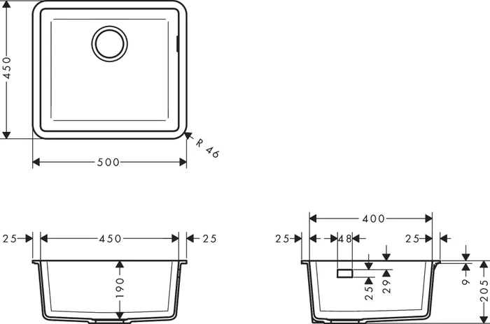 Hansgrohe S51 S510-U450 450 Unterbau Becken mittig graphitschwarz