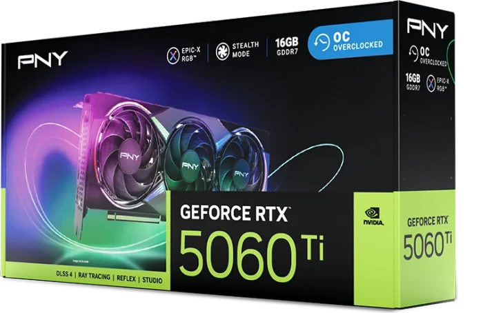 PNY GeForce RTX 5060 Ti Epic-X RGB Overclocked Triple Fan, 16GB GDDR7, HDMI, 3x DP