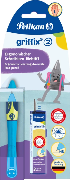Pelikan griffix 2 Druckbleistift HB 2mm graphit, neon fresh blue, Linkshänder, Blister, 3 Minen