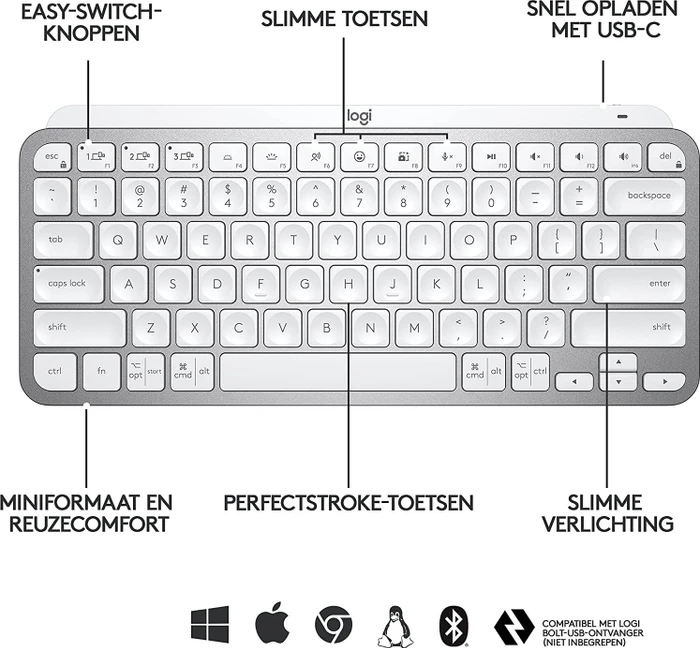 Logitech MX Keys Mini, LEDs weiß, Logi Bolt, Pale Gray, weiß/grau, USB/Bluetooth, US