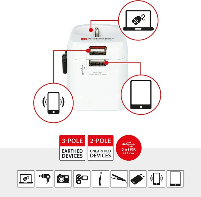Skross World Travel Adapter Pro Light USB (2xA), 2x USB-A