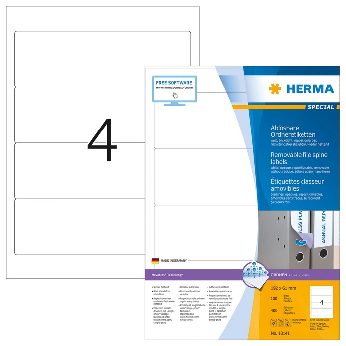 Herma Ordneretiketten, 192x61mm, ablösbar, weiß, 100 Blatt (400 Etiketten)