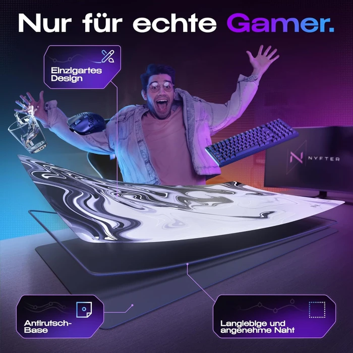 Nyfter Nyfpad RGB XXL Liquid Premium Gaming Mousepad, 900x500mm, Design grau/weiß