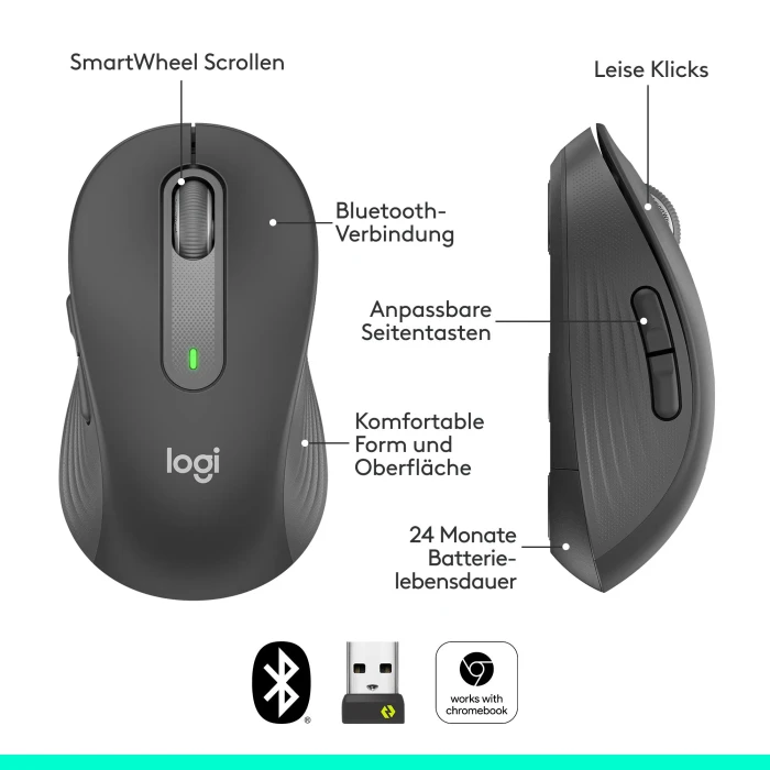 Logitech Signature M650 Medium mit Mauspad, Graphite, Logi Bolt, USB/Bluetooth
