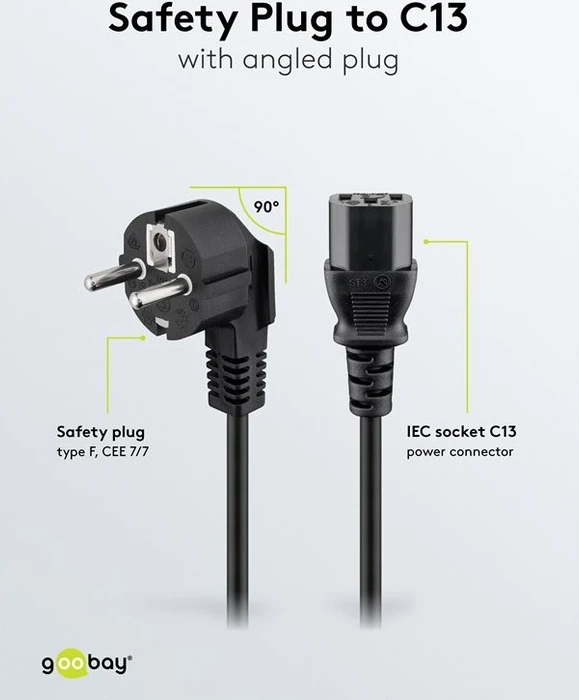 Wentronic Goobay Kaltgeräte Netzkabel, Schutzkontakt auf Kaltgerätestecker C13, gewinkelt, schwarz, 3m