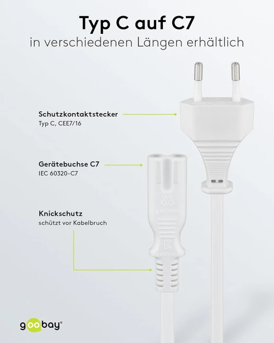 goobay Euro-Netzkabel, Eurostecker auf C7 Stecker, weiß, 1.5m