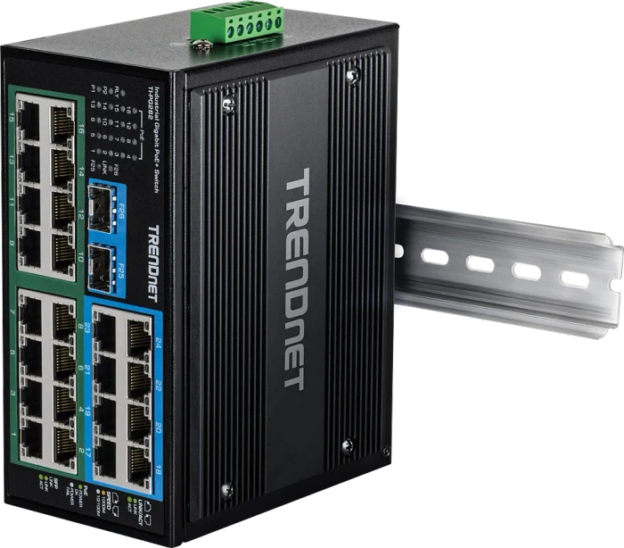 TRENDnet TI Hardened Industrial Railmount Gigabit Switch, 24x RJ-45, 2x SFP, 480W PoE+