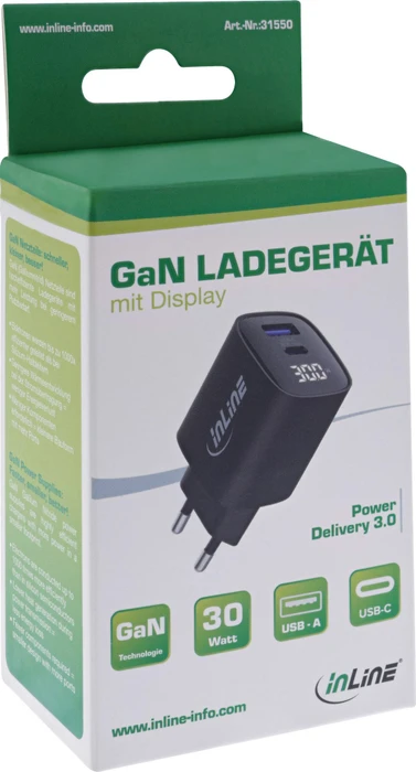 InLine 2-Port GaN Netzteil USB-C/USB-A, 1x USB-C + 1x USB-A, 30W, schwarz