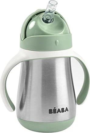 Beaba Edelstahl Trinklernbecher mit Trinkhalm, 8+M, 250ml, sage green
