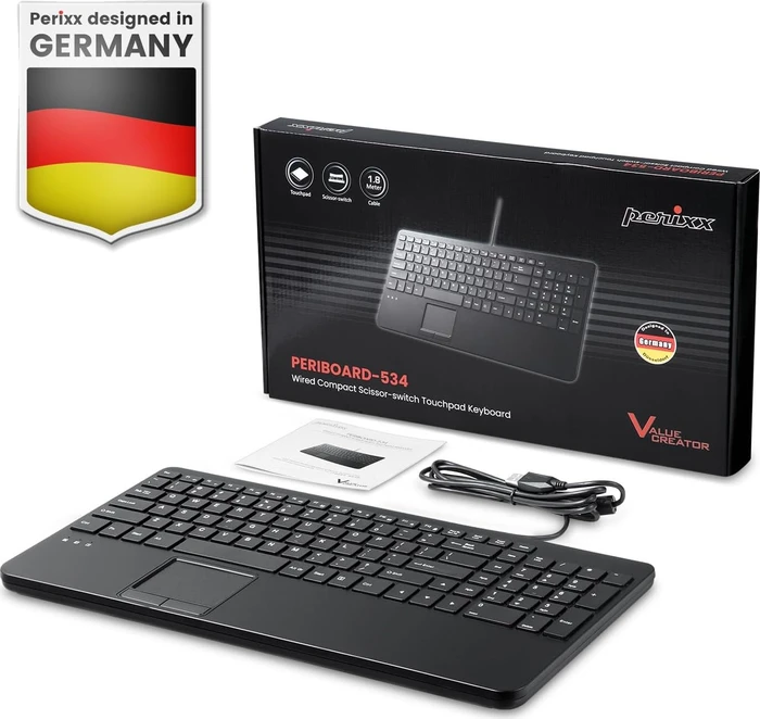 Perixx Periboard-534 Wired Compact Keyboard with Touchpad and USB Hubs, schwarz, USB, US