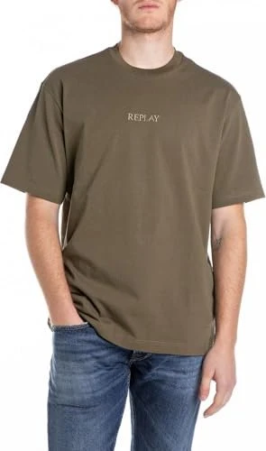 Replay Baumwolle mit Stickerei T-Shirt kurzarm mud green (Herren)