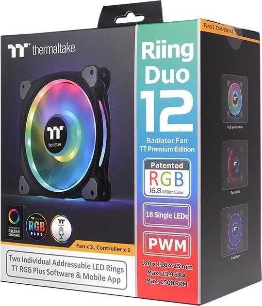 Thermaltake Riing Duo 12 LED RGB Radiator TT Premium Edition, LED-Steuerung, 120mm, 3er-Pack