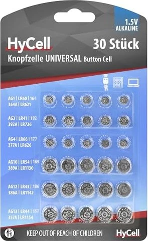 HyCell Power Solution Alkaline Knopfzellen-Set, 30er-Pack