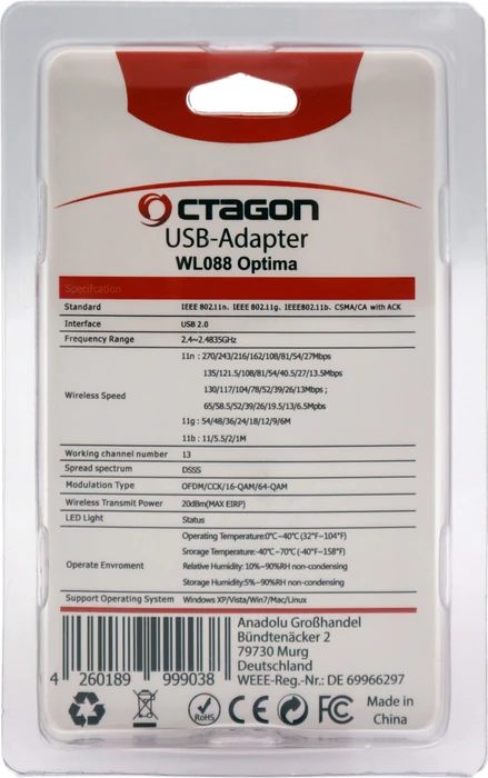 Octagon WL088 Optima USB Adapter, 2.4GHz WLAN, USB-A 2.0 [Stecker]