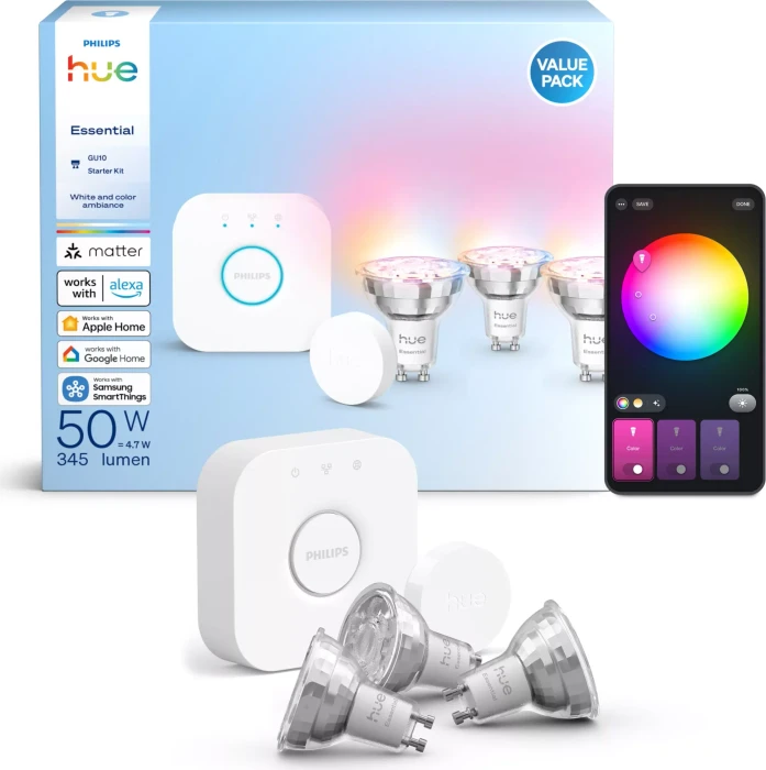 Philips Hue Essential White and Color Ambiance 345 GU10 4.7W Starter-Kit