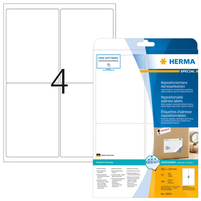 Herma Adressetiketten, 99.1x139mm, ablösbar, weiß, matt, 25 Blatt (100 Etiketten)