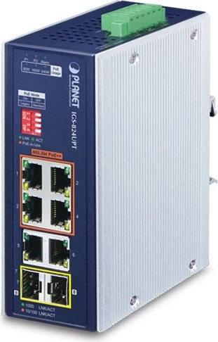 Planet IGS-824UPT Industrial Railmount Gigabit Switch, 6x RJ-45, 2x SFP, 240W PoE++