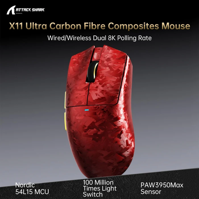 Attack Shark X11 Ultra Carbon Fiber 8KHz Wireless, Forged Red, USB/Bluetooth