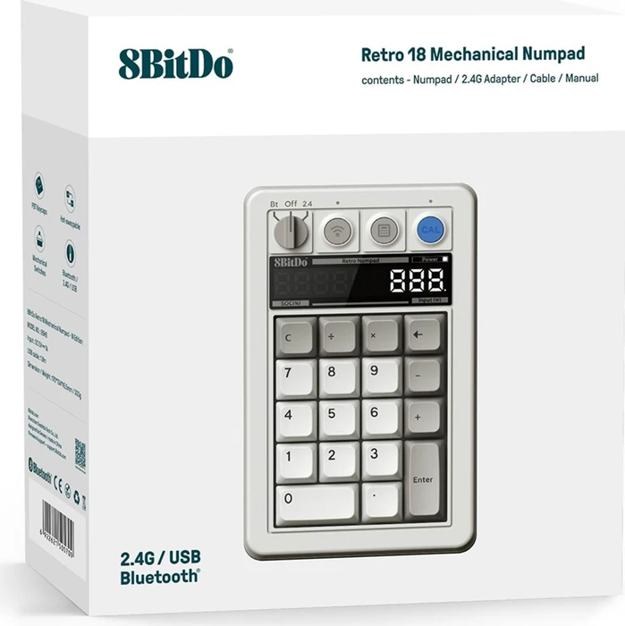 8BitDo Retro 18 Mechanical Numpad M Edition, grau/weiß, Kailh Box V2 WHITE, hot-swap, USB-C/Bluetooth