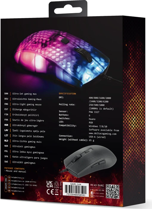 Deltaco DM310 RGB Ultralight Gaming Mouse schwarz/transluzent, USB