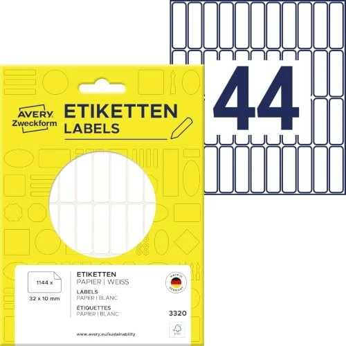 Avery-Zweckform Mini-Organisationsetiketten Sonderformat, 32x10mm, weiß, 26 Blatt (1144 Etiketten)