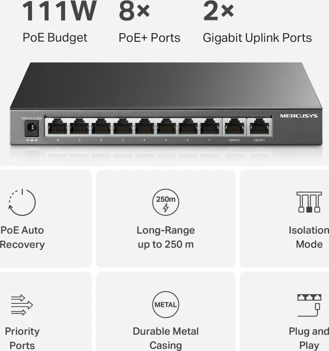 Mercusys Desktop Gigabit Switch, 8x RJ-45, 2x SFP, 111W PoE+