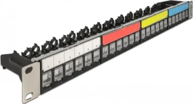 DeLOCK Patchpanel für RJ-45 Keystone Module 19", mit Kabelbefestigungsschiene, 24-Port, 1HE, 19", 1HE, schwarz