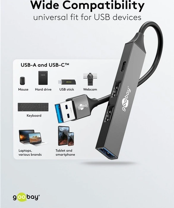 Wentronic goobay Slim 4-Port USB-Hub, 1x USB-A 3.0/1x USB-C 2.0/2x USB-A 2.0, USB-A 3.0 [Stecker]