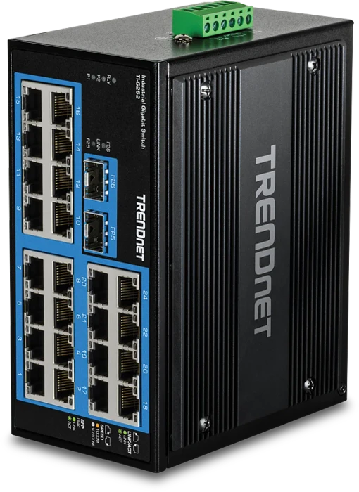 TRENDnet TI Hardened Industrial Railmount Gigabit Switch, 24x RJ-45, 2x SFP