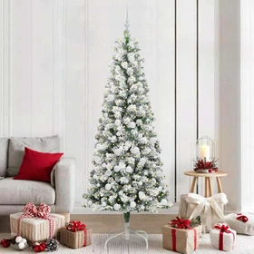 vidaXL Künstlicher Weihnachtsbaum schlank mit Schnee, 210cm, inkl. LED-Beleuchtung
