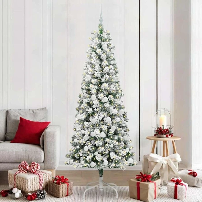 vidaXL Künstlicher Weihnachtsbaum schlank mit Schnee, 210cm, inkl. LED-Beleuchtung