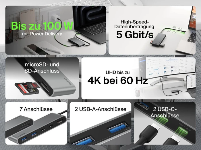 Belkin Connect USB-C 7-in-1 Multiport Hub Adapter, USB-C 3.0 [Stecker], schwarz