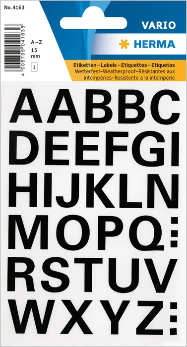Herma Buchstabenetiketten A-Z, 10x15mm, wetterfest, schwarz, 1 Blatt (36 Etiketten)