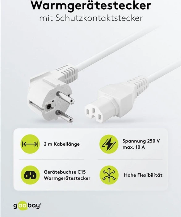 Wentronic Goobay Warmgeräte Netzkabel, Schutzkontakt auf Warmgerätestecker C15, weiß, 2m