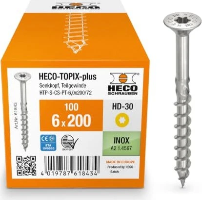 HECO TOPIX-plus Edelstahl A2 Torx T30 Holzschraube, 6x200mm, 100 Stück