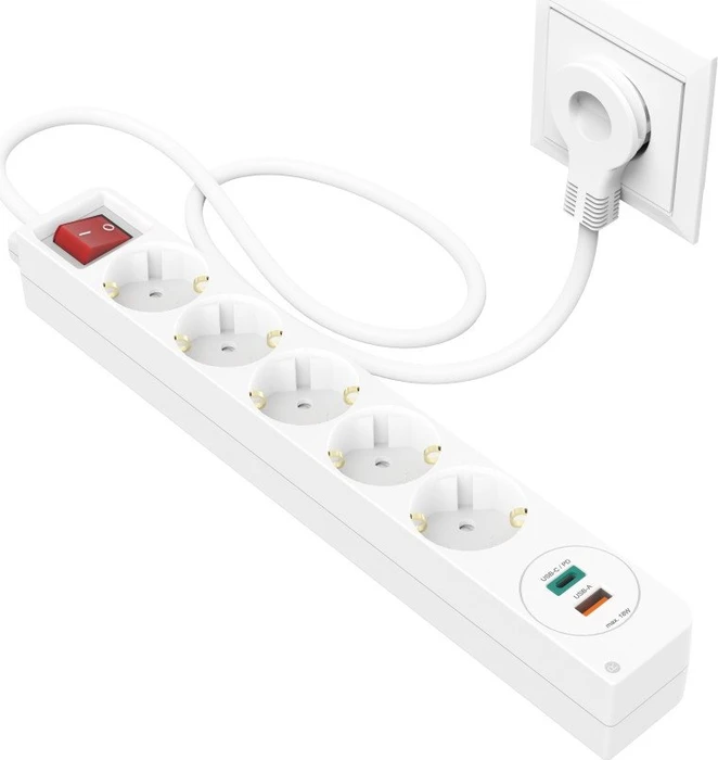 Hama Steckdosenleiste mit Schalter und Winkel-Flachstecker, 5-fach, 1x USB-A/1x USB-C 18W USB-PD, 1.4m, weiß