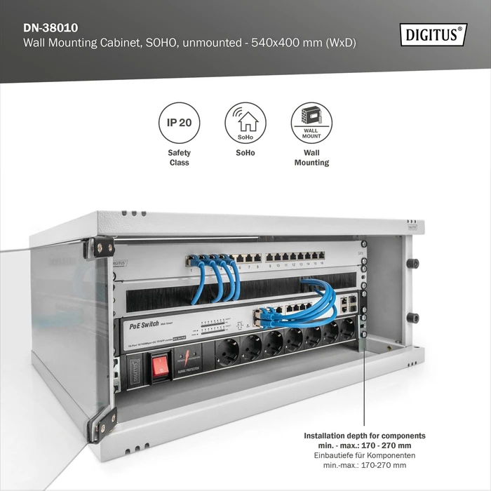 Digitus Professional SoHo Line 19" Wandgehäuse 4HE, unmontiert, Sicherheitsglastür, IP20, RAL 7035, 400mm tief